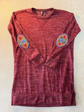 Bellamie Maroon Knit Tunic with Southwest Style Embroidered Elbow Patches
